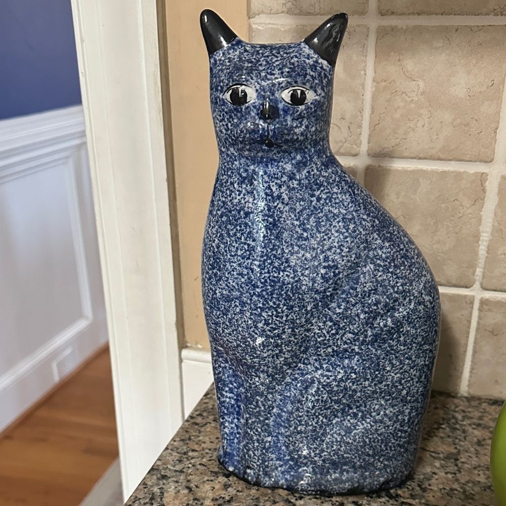 VTG Enesco Porcelain Blue Spongeware Speckled Kitty Cat Sculpture Figurine